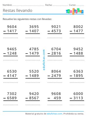 Sumas De Cuatro Cifras Llevando Restas De Digitos Llevando Actiludis