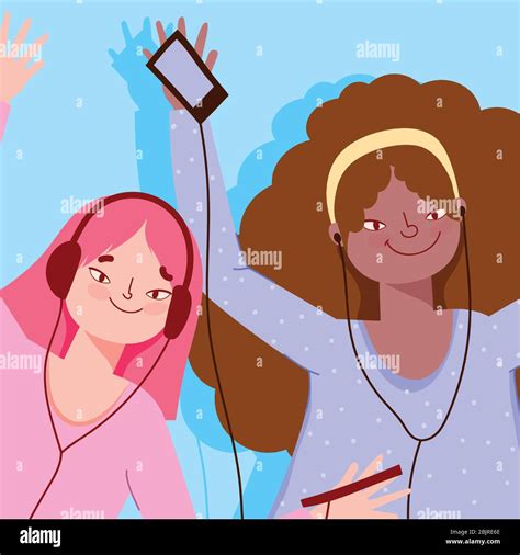 Happy Girls Listening To Music With Smartphone And Earphones Vector