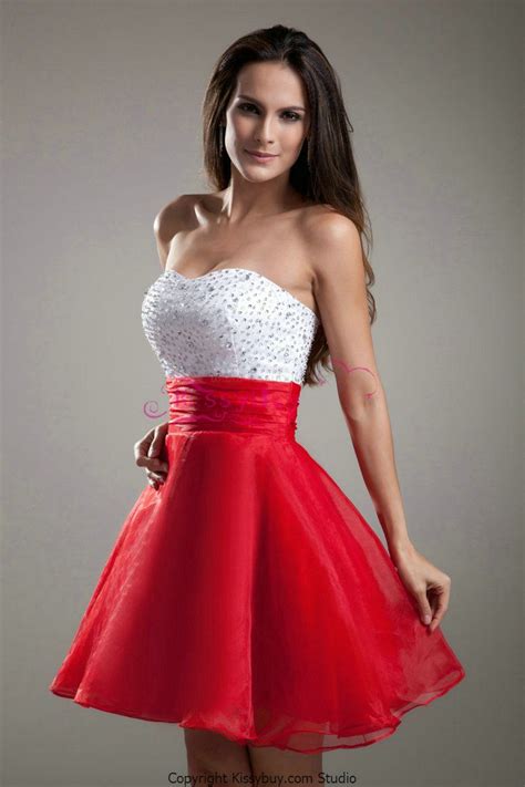 A Line Sweetheart Beading White And Red Cocktail Dress Semi Formal Dresses For Teens Red Semi
