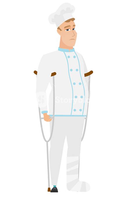 Injured Caucasian Chef Cook With Broken Leg On Crutches Chef Cook With