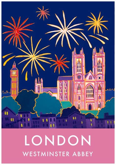 London Print Of Westminster Abbey And Big Ben With Fireworks Vintage