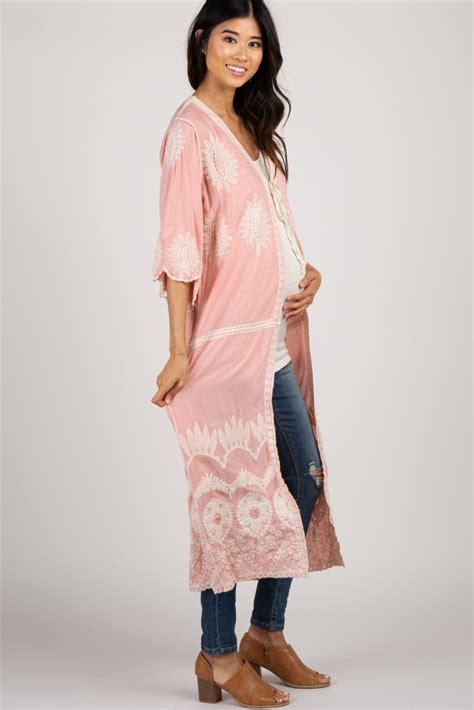 Pink Embroidered 34 Sleeve Maternity Cover Up Maternity Cover Pink Blush Maternity Short