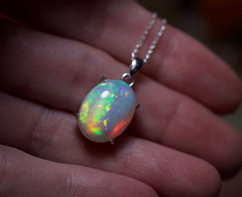 Large Opal Pendant Fire Opal Necklace White Opal Silver Opal Pendant