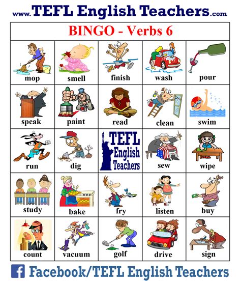 Tefl English Teachers Bingo Verbs Game Board 6 Of 20 Bingo English