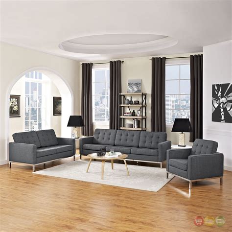 Mid Century Modern Loft 3pc Button Tufted Living Room Set