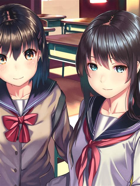 Download 768x1024 Anime Girls Sailor Uniform Classroom Friends