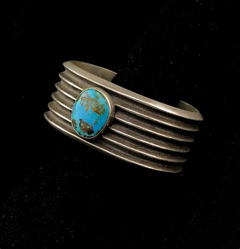 Vintage Navajo Tufa Cast Cuff Bracelet With Morenci Turquoise