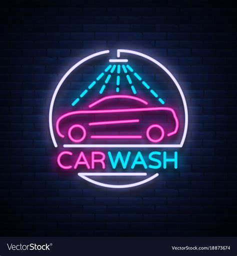 Car Wash Logo Design Emblem In Neon Style Vector Illustration Template Concept Luminous Sign