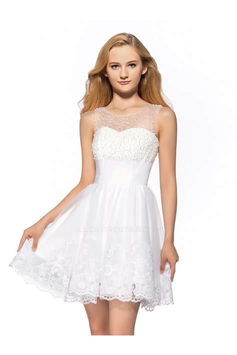 A Line Short Beaded White Prom Evening Cocktail Homecoming