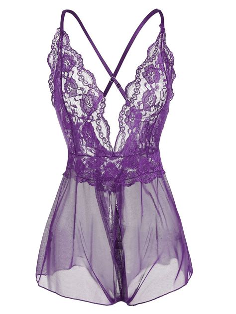 [41 off] 2021 plus size lace panel slit lingerie teddy in purple dresslily