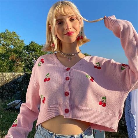 Soft Girl Style Cherry Knitted Cardigan In 2021 Aesthetic Sweaters