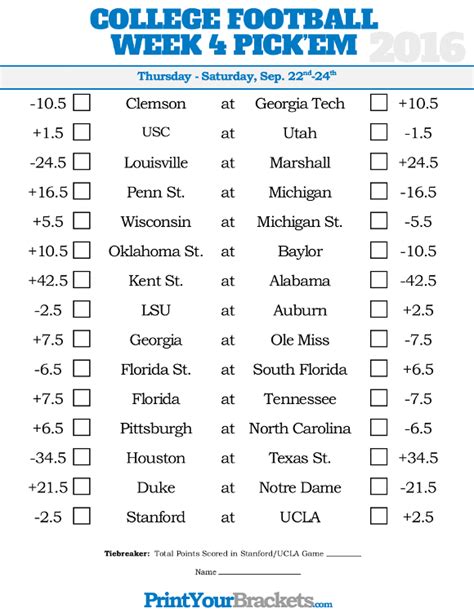 College Football Pickem Printable Sheets Printable Word Searches