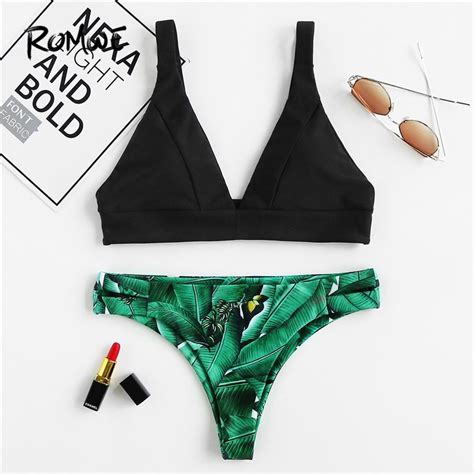 Romwe Sport Palm Print Tropical High Leg Beach Hot Sexy Bikini Set