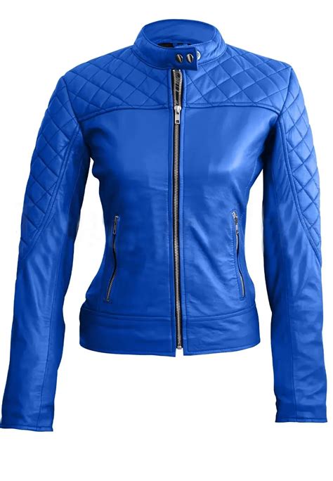 women s blue quilted faux leather jacket