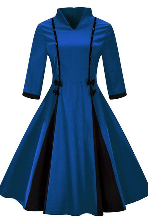 Skater Dress With Sleeves With High Neck And Vintage Style Blue Plus