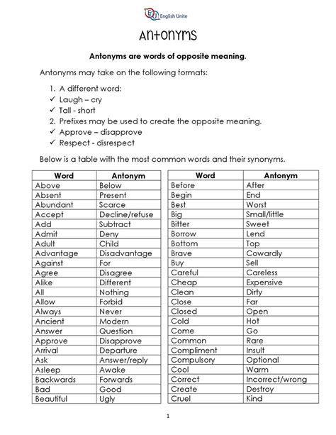 English Unite Grammar Guide Antonym