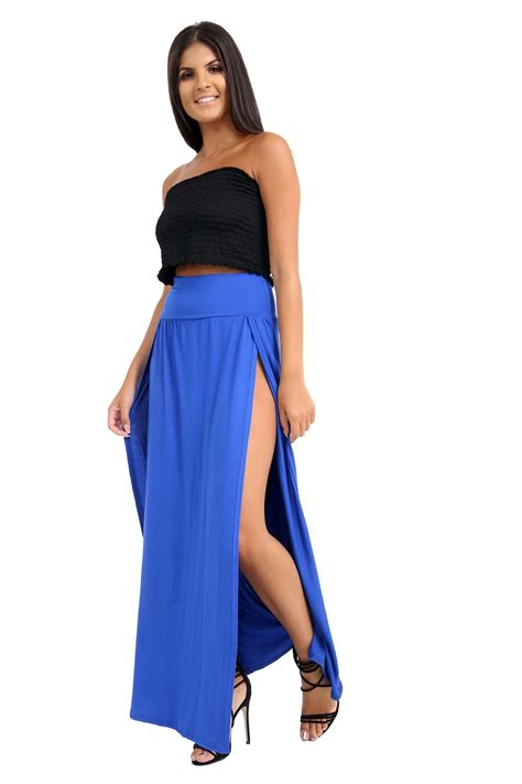 Womens Maxi Skirt Double Split High Waisted Side Slit Plain Summer Long Skirt Ebay