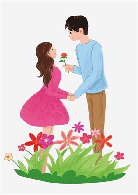 Boy Giving Flowers Touched Girl Cartoon Illustration Hand Drawn