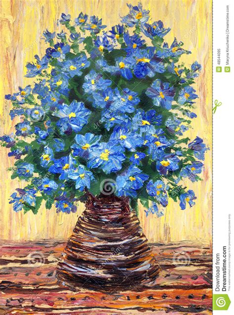 Still Life Oil Painting Bouquet Of Blue Flowers In A Vase