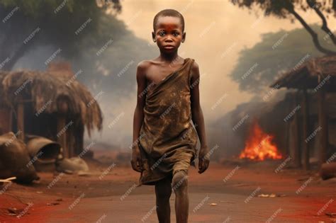 伝統的な村のアフリカの少年の肖像画 黒人少年は悲しい感情でカメラを見つめます アフリカの飢餓と貧困の問題 プレミアム写真