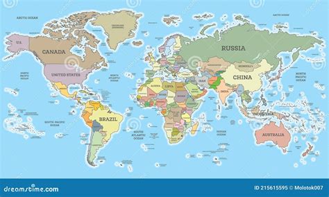 World Map With Borders And Countries Cylindrical Projection Stock