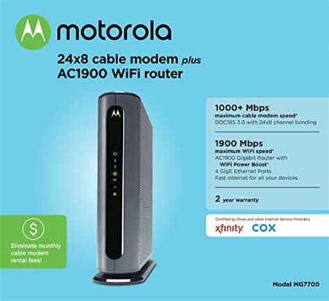 Motorola Mg7700 24×8 Cable Modem Plus Ac1900 Dual Band Wifi Gigabit