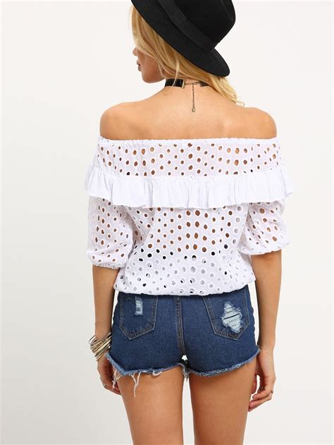 white off the shoulder ruffle half sleeve blouse shein sheinside