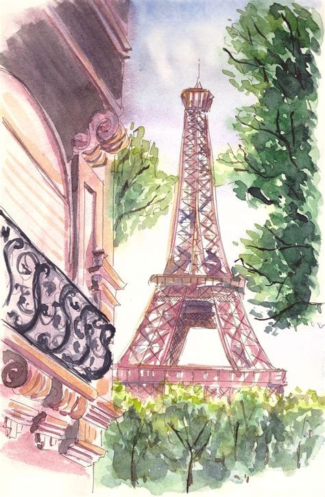 Pintura De Acuarela Impresa Digital París Torre Eiffel Etsy