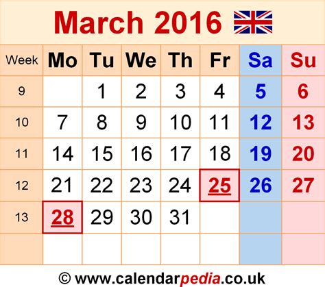 Calendar March 2016 Uk With Excel Word And Pdf Templates
