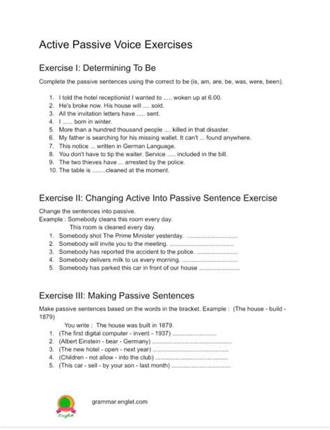 Active Passive Voice Exercises With Answers Grammar Englet