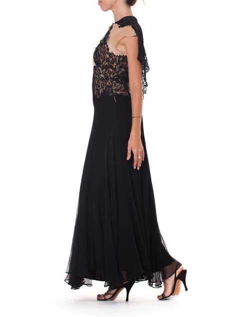 1930s Black And Nude Silk Chiffon Lace Gown With Attached Cape Morphew