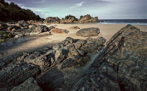 Limestone Rocks Sea Beach Sand Waves Sky Wallpapers Hd Desktop
