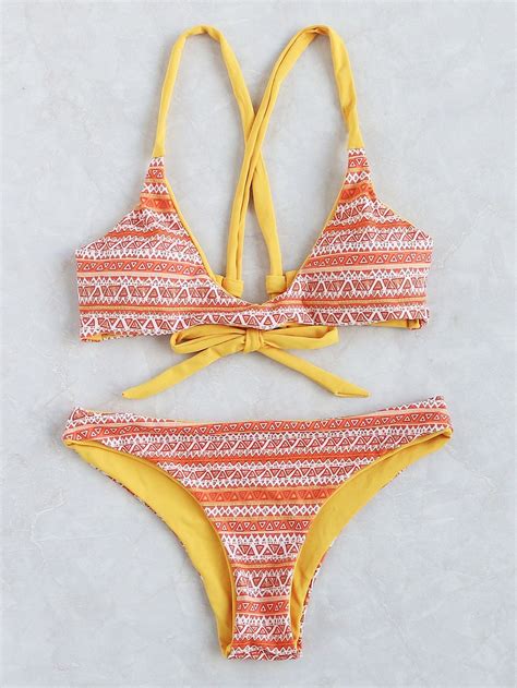 Geometric Print Tie Back Bikini Set Shein Sheinside