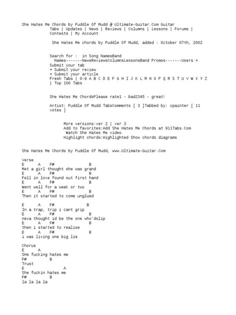 She Hates Me Chords By Puddle Of Mudd At Ultimate Guitar Com Pdf