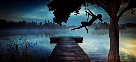 X Resolution Silhouette Of Woman Riding On Swing Near River Dock And Tree At Night HD