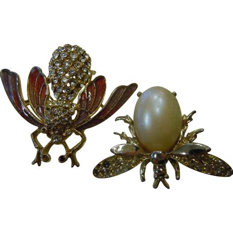 Two Cute Vintage Costume Jewelry Brooches Rhinestone Bug Pins