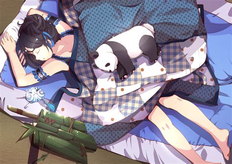 Panda Bears Sleeping Pajamas Anime Girls Black Hair