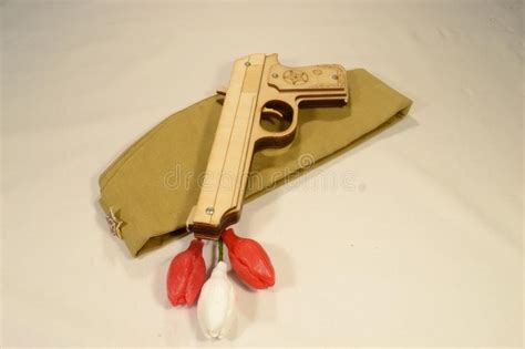 Military Still Life Soldier S Cap Wooden Pistol Stock Photo Image