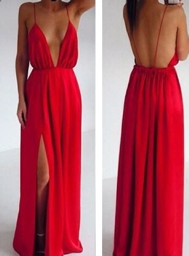 Sexy Backless Sleeveless Plunging Neck Red Color Slit Side Design Spaghetti Strap Dress For