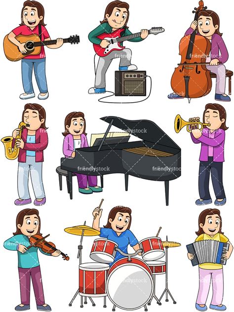 Woman Playing Musical Instruments Cartoon Vector Clipart