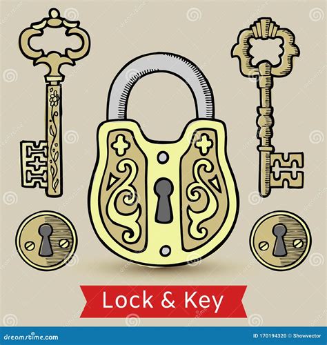 Vintage Keys Lock And Keyholes Isolated Vector Illustration Antique