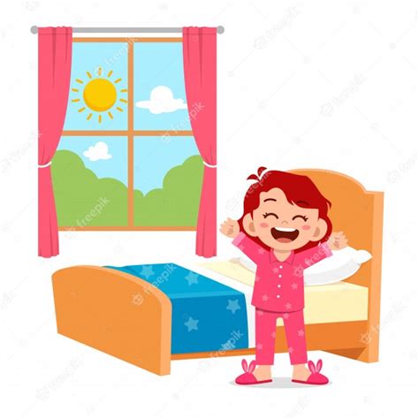 Happy Cute Little Kid Girl Wake Up In The Morning Premium Vector