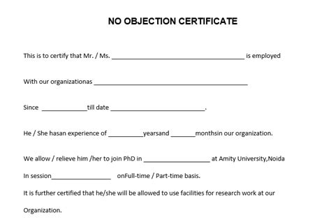 10 Free Sample No Objection Certificate Templates Printable Samples