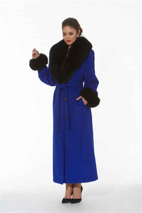 Royal Blue Cashmere Coat Black Fox Trim Madison Avenue Mall Furs