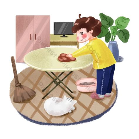 Original Drawing Little Year House Cleaning Boy Cleaning The Table