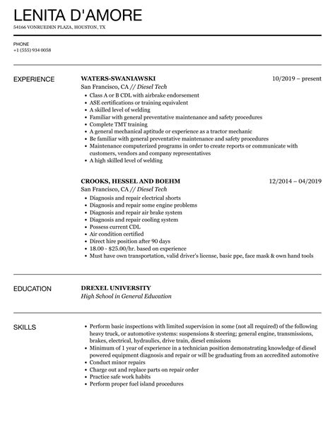 Diesel Tech Resume Samples Velvet Jobs