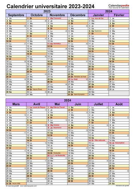 Calendrier Universitaire 2023 2024 Excel Word Et Pdf