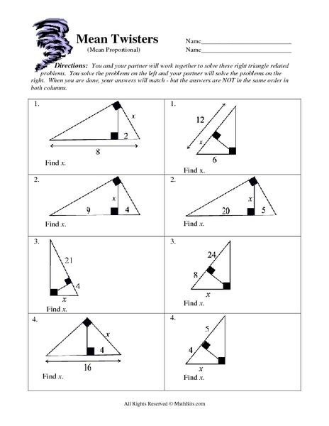 Mean Twisters Mean Proportional Worksheet For 9th 10th Grade