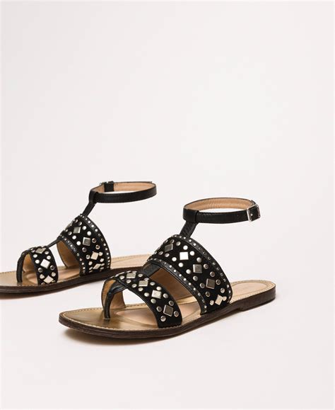 Flat Leather Sandals With Studs Woman Black Twinset Milano