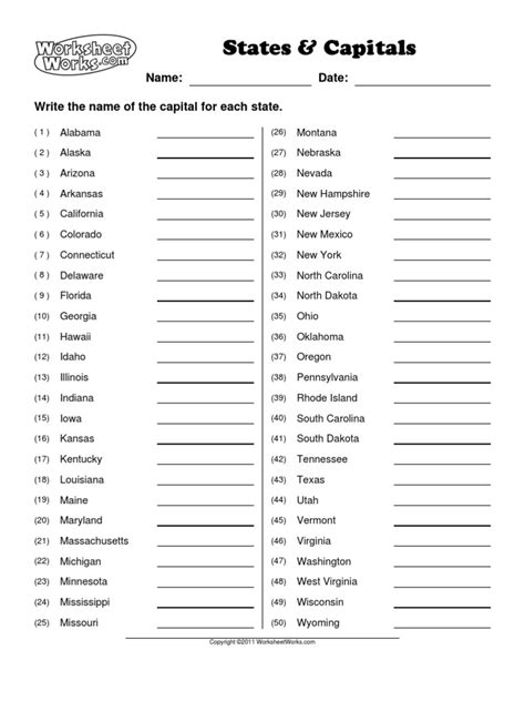 5th Grade State Capital Worksheet